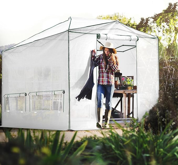 EAGLE PEAK Instant Pop-up Greenhouse, Indoor Outdoor Plant Gardening Green House, Roll-Up Zipper Doors and Side Windows, Walk in 12x8 ft, White/Clear