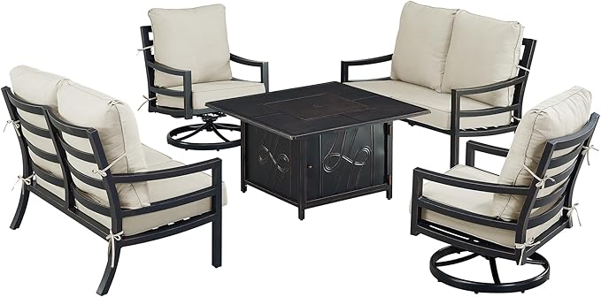 Oakland Living Black Aluminum Patio Fire Table Set with Two Deep Seating Loveseat with Cushions and Two Club Chairs with Light Grey Cushions
