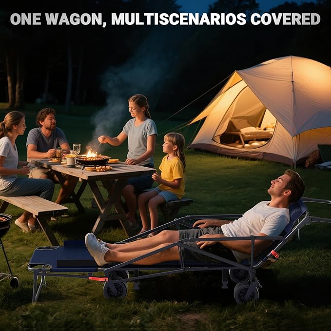 LEVELEVE Heavy Duty Folding Wagon - 2-in-1 Collapsible Cart, 650lb Capacity, All-Terrain Wheels w/Brakes & Side Pockets (Blue)