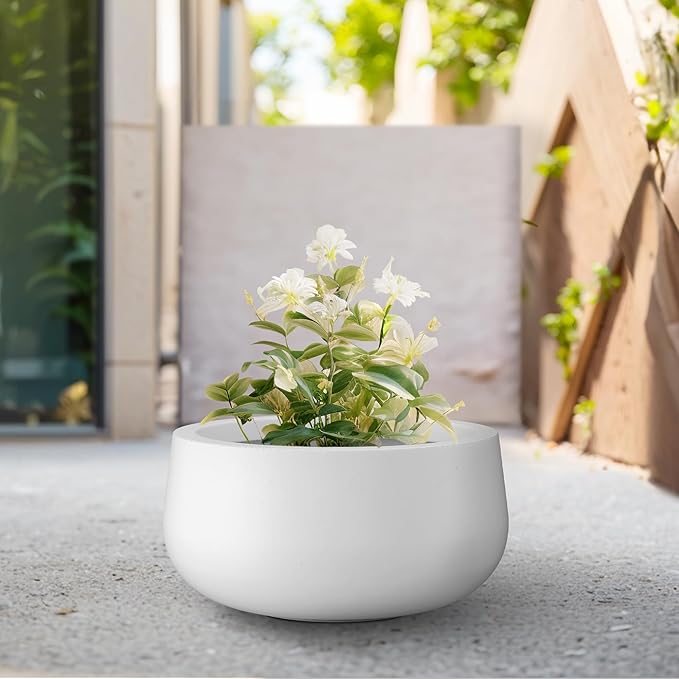 Kante 11.8" Dia Round Concrete Planter, Cement Plant Pots with Drainage Hole and Rubber Plug for Outdoor Indoor Garden Home, Modern Curvaceous Design, Pure White