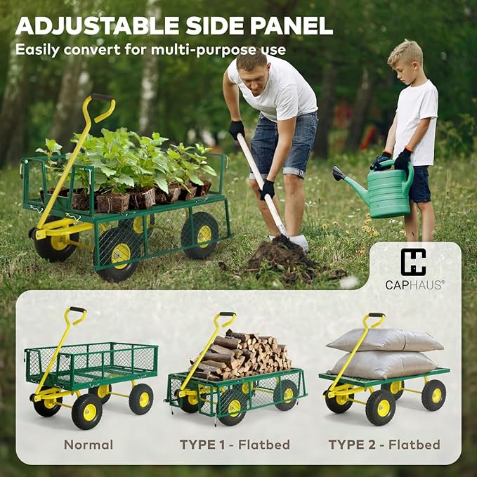 CAPHAUS Metal Green Garden Cart, w/ 180° Adjustable Yellow Handle, w/Mat and Strap, Heavy Duty 880 lbs Capacity, w/ 10” Flat-Free Tires, Sides Removable, Utility Wagon, Yard Cart, for Garden, Farm