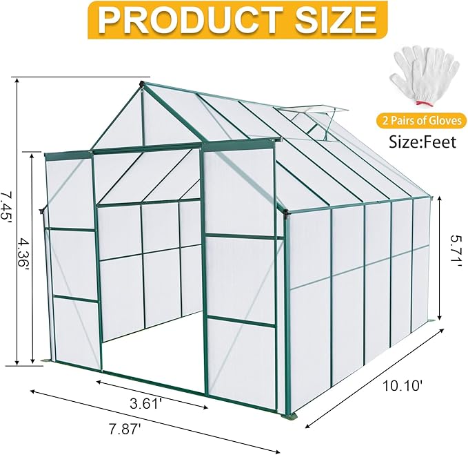 8×10 FT Greenhouses for Outdoors,Polycarbonate Greenhouse, Aluminum Heavy Duty Walk-in Garden Plants Green Houses, Raised Base and Double Sliding Door for Outside Backyard, Green