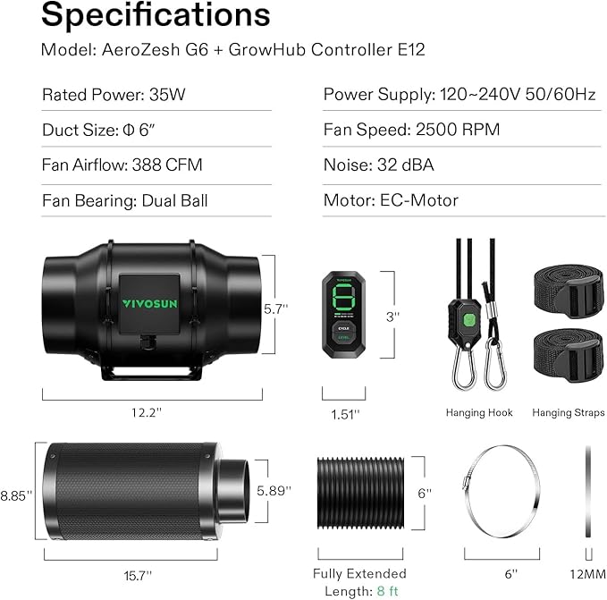 VIVOSUN Smart Air Filtration G6 Kit 6", AeroZesh G6 Inline Duct Fan with E12 Speed Controller, Carbon Filter & 8' Ducting, Cooling & Ventilation System for Grow Tents, Indoor Gardening, Hydroponics