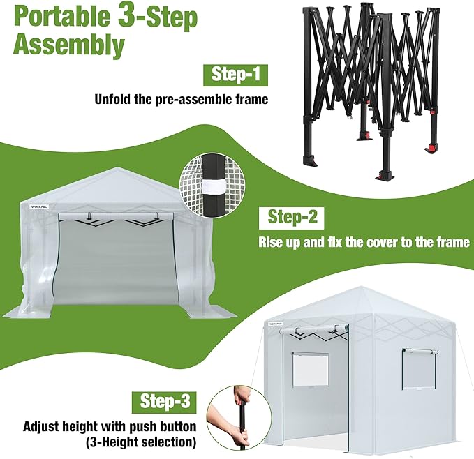 WORKPRO Greenhouse, 94”x 94”x 99” Pop-up Greenhouse for Outdoors , Heavy Duty Gardening House with Sturdy PE Cover, Roll-up Entry Doors and 2 Screen Windows, for Patio, Backyard, Balcony