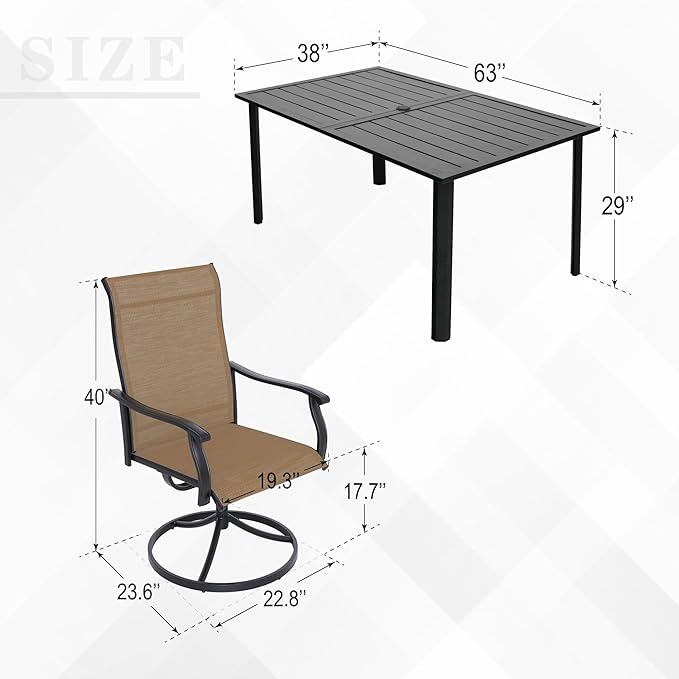 7-Piece Outdoor Dining Set, 6 Swivel Chairs & 63'' Rectangular Dining Table with All Weather Frame Furniture Set - Brown Style1