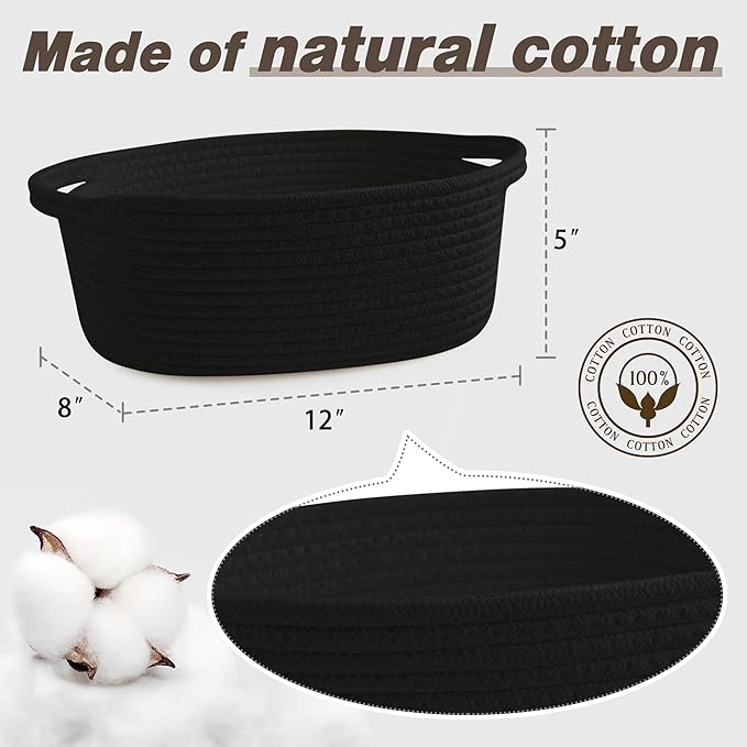 Pro Goleem Small Woven Basket with Gift Bags and Ribbons Durable Baskets for Gifts Empty Small Rope Basket for Storage 12"X 8" X 5" Baby Toy Basket with Handles, Black