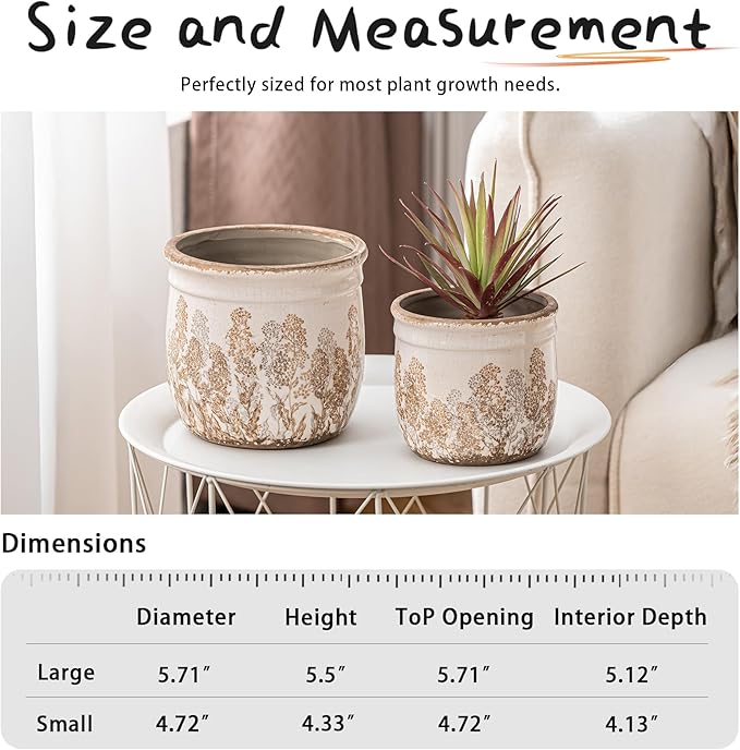 Set of 2 Ceramic Planters for Indoor Plants, 4.7+5.7 Inch Vintage Flower Pots without Drainage Hole, Rustic Brown Planter Set, Decorative Plant Pots for Indoor Plants, Home Decor, Living Room, Office