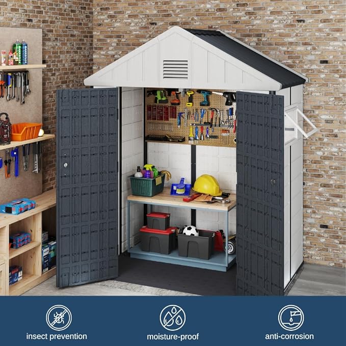 Kingdura 6x4 FT Resin Outdoor Storage Shed with Reinforced Floor, All-Weather Resistant Plastic Garden Outside Bike Tool Shed with Lockable Doors, Window for Backyard Patio Poolside