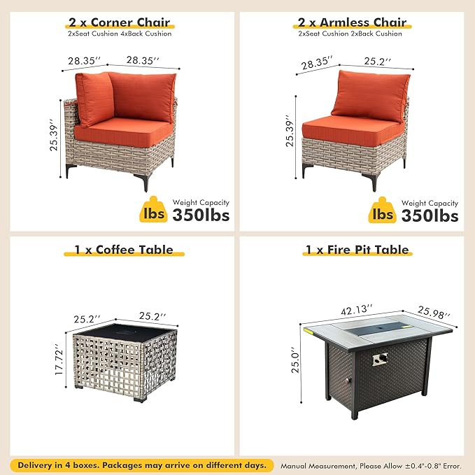Outdoor Sectional Patio Furniture Set with Fire Pit Table and Glowing Table,6 Pieces Wicker Conversation Sets L Shaped Couch Out Door Sofa Set Outside Furniture for Garden Deck Yard,Orange Red