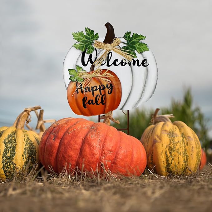 Metal Yard Pumpkin Fall Stakes Decorative Standing Garden Welcome Signs Lawn Stake Outdoor Autumn Harvest Halloween Thanksgiving Decor Pumpkins Pathway Decoration (White)