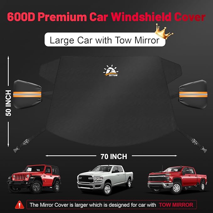 Zettum Car Windshield with Tow Mirror Cover - 600D Windshield Cover for Ice and Snow Windproof & Heavy Duty, Winter Frost Hail Protector for Pickup, Truck, SUV, Van and MPV with Large Mirror Models