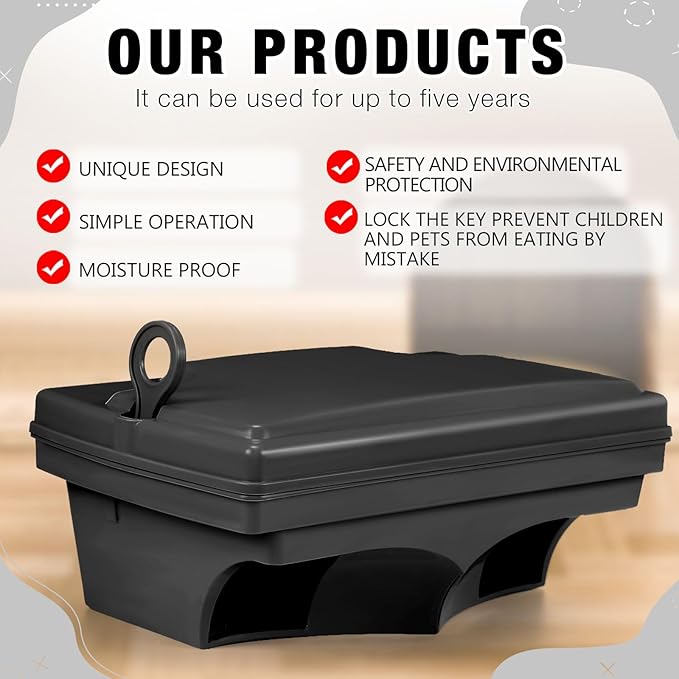 Qualirey 6 Pack Rat Bait Stations with 6 Keys Reusable Heavy Duty for Rodents Outdoor Mouse Poison Holder Large Station Traps for Mice Pests, Bait Not Included(Black)
