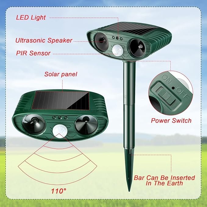 Ultrasonic Animal Repellent Outdoor Solar Powered Repeller Cat Dog Deer Deterrent Waterproof Motion Sensor Deterrent for Yard Garden Rabbit Squirrels Fox Pest(Green,2 Pieces)