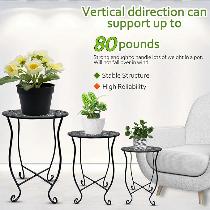 3pcs Plant Stand Small Outdoor Table,Round Black Metal Shape with Decorative Openwork Flower Pattern, Anti-Rust Wrought Iron Patio Table for Indoor Plant Stand,Porch,Balcony,Garden,Yard (Small & Medium & Large)