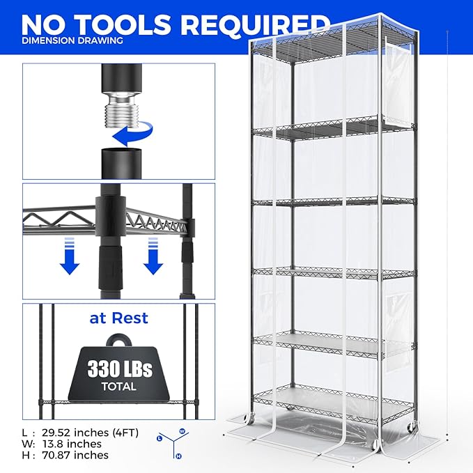 Barrina CX2Z Greenhouse with Grow Light for Indoor Plant & Seedlings, 6-Tier Plant Shelf with 2FT 30W(Per Light) Full Spectrum Plant Lights, 3 Adjustable Spectrum and Timer, 29x14x71 Inches