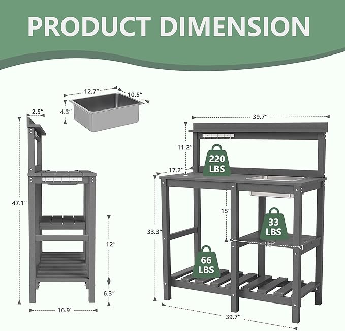FOOWIN Potting Bench, HDPE Outdoor Potting Table with Sink, All-Weather Potting Benches for Outside, Gardening Table with Storage Shelf, Hook, for Garden, Patio, Lawns, Grey