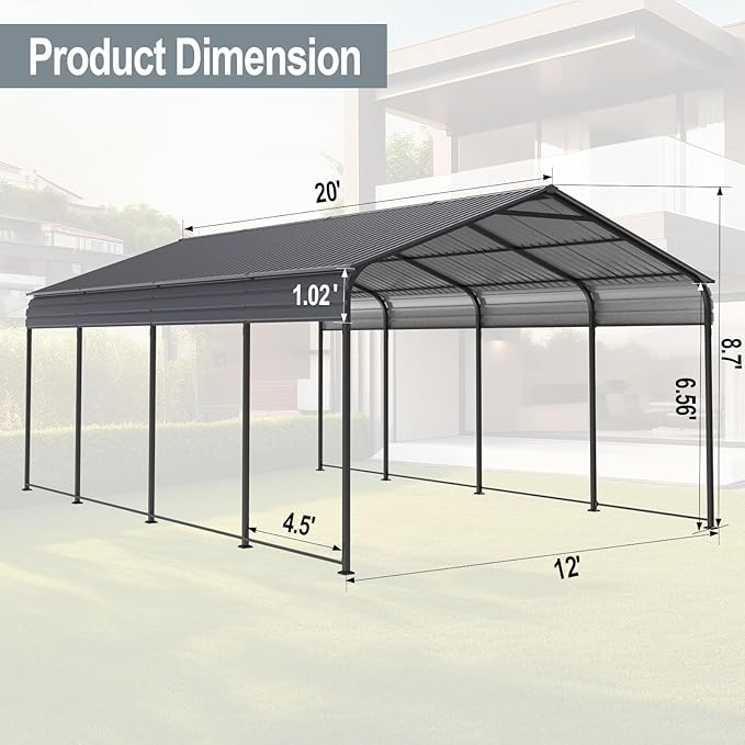 Metal Carport 12 ×20 FT Heavy Duty with Galvanized Steel Roof, Metal Garage Canopy with Galvanized Steel Roof & Frame, Car Tent Outdoor Storage Shed for Car, Boats and Truck, Gray