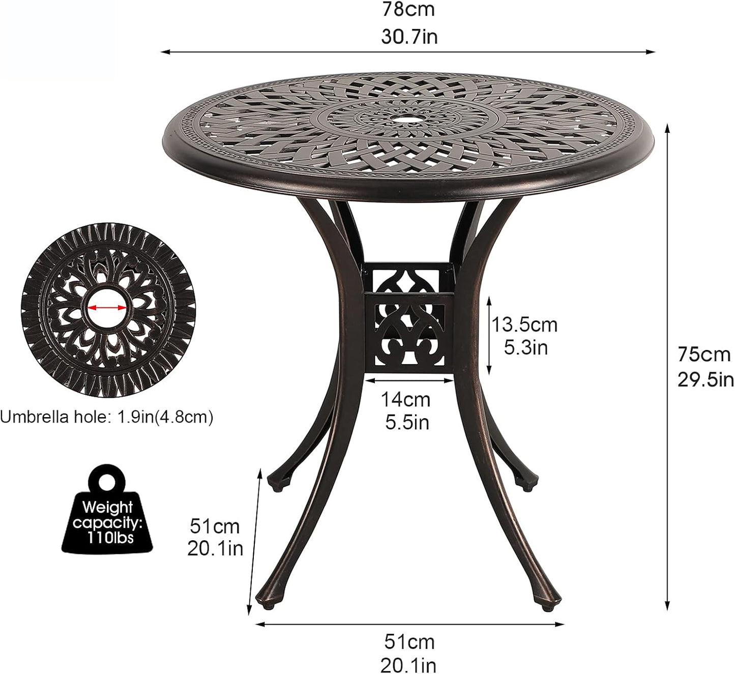 COBANA Patio Bistro Table, 31’’ Round Cast Aluminum Outdoor Dining Retro Side Table with 2’’ Umbrella Hole, Bronze