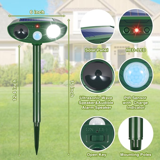 4Pack Solar Ultrasonic Animal Repellent Outdoor Deer Repellent Devices with Motion Detection&Flash Light Squirrel Rabbit Dog Cat Deterrent,Keep Rodent Chipmunk Raccoon Away for Yard Garden Lawn 2025