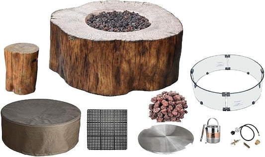 Elementi | Bundle Manchester Gas Fire Pit Cast Concrete Semi-Round Fire Table, Outdoor Fire Pit Electronic Ignition | Canvas Cover, Lava Rock Included | Red Wood (Propane Gas)