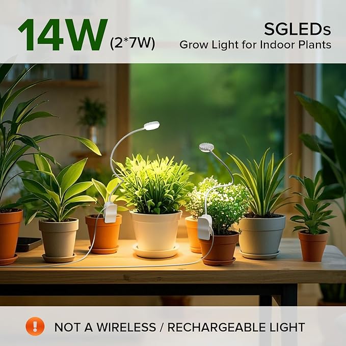 Grow Lights for Indoor Plant Growing, 2 Lamp Heads One Plug LED Clip Plant Light, 4000K Full Spectrum 4-Level Dimmable, Auto On Off Timing 3 6 12 Hrs Small Plants, White 14W