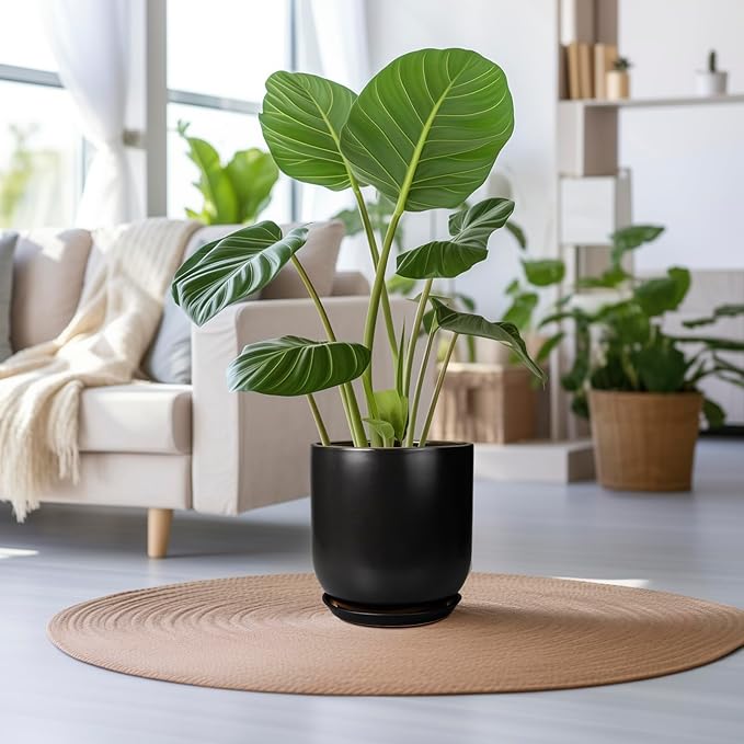 Ceramic Planter Pot - 12 Inch Large Plant Pot with Drainage Hole and Saucer Modern Flower Pot for Indoor Outdoor Plants Home Garden Decor Black