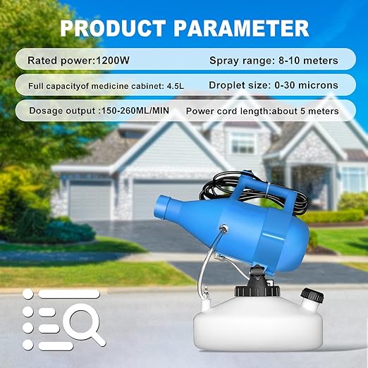 4.5L(1.2Gallon) Portable Electric ULV Fogger Sprayer, 26-32ft Spraying Distance Atomizer Mist Rate 150-260ml/min Cold Fogger Machine, for Home,Hotel,Church,School,Lawn,Yard,Garden