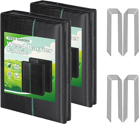 FEED GARDEN 3FT x 100FT Landscape Fabric Weed Barrier Fabric, Heavy Duty Ground Cover Geotextile Fabric for Gardening, with 20 U-Shaped Stakes (2 Pack 3x50FT)