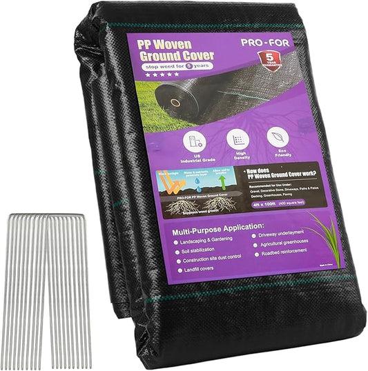 Heavy Duty Weed Barrier Fabric 4ft x 100ft, Landscape Ground Cover for Gardens & Driveways, Premium Weed Control with 10 U Shaped Staples
