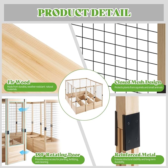 PaPaJet Wooden Raised Garden Bed for Outdoor, Eleven Grid Deep Large Planter Box with Netting for Gardening, Vegetables, Flowers, Herbs（7.5× 14.8× 5.9FT）