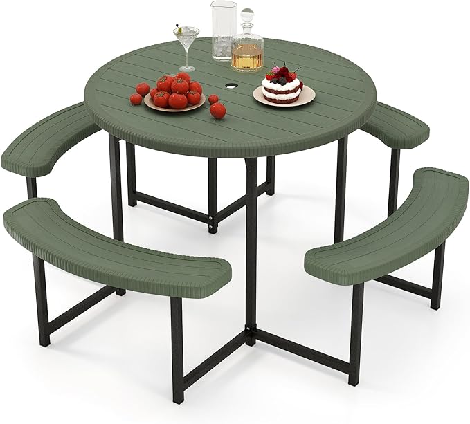 Giantex Picnic Table Bench Set for 4-8 Person, Round 37” Outdoor Dining Table w/Umbrella Hole, HDPE Tabletop, Metal Frame, Patio Furniture Set for Backyard Porch Lawn, 1400lb Capacity (Green,Round)