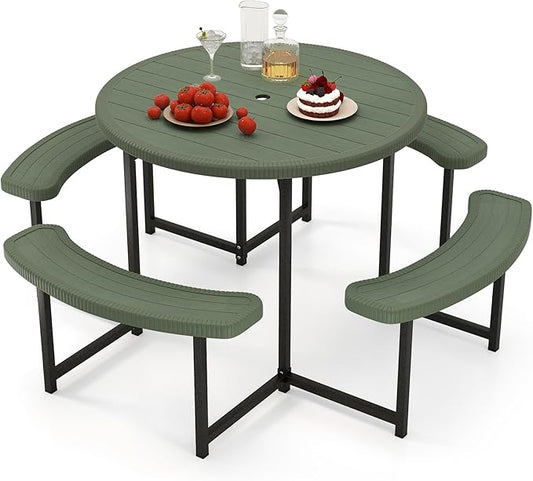 Giantex Picnic Table Bench Set for 4-8 Person, Round 37” Outdoor Dining Table w/Umbrella Hole, HDPE Tabletop, Metal Frame, Patio Furniture Set for Backyard Porch Lawn, 1400lb Capacity (Green,Round)