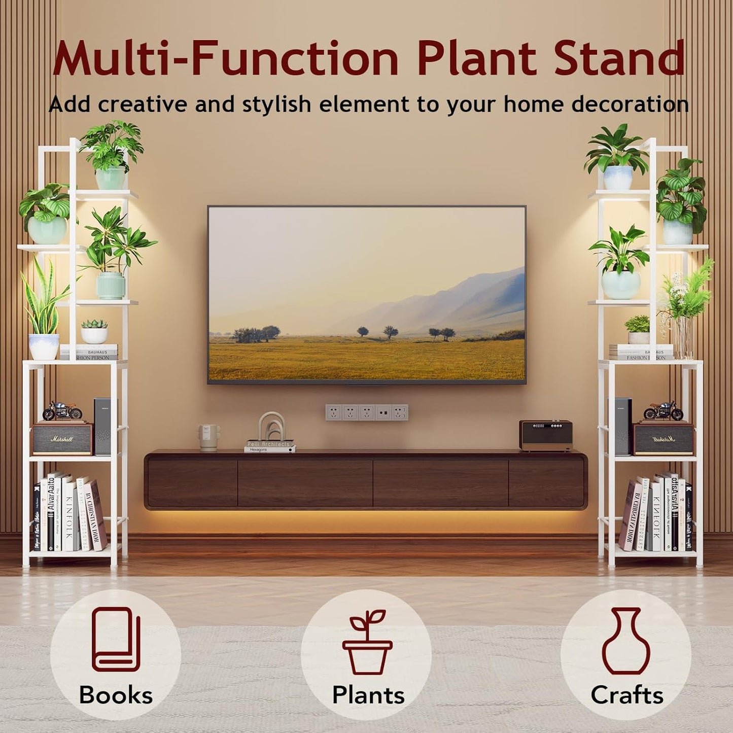 Plant Stand Indoor with Grow Light, 6-Tiered Tall Plant Stand Indoor, Metal Plant Shelf with Bookshelf Bookcase and Adjustable Light, Ideal for Living Room, Reading room, Garden, Patio (white)