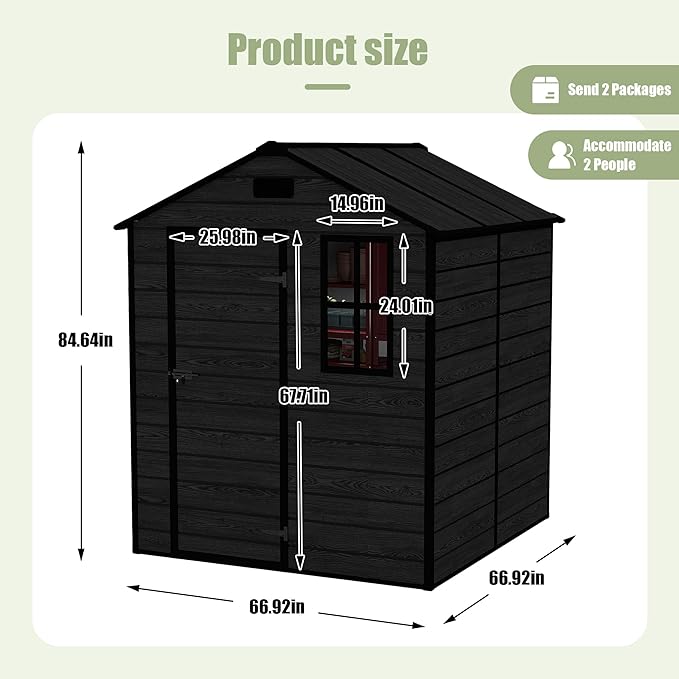 Outdoor Storage Shed 6x6 FT, Resin Shed with Floor, Waterproof Plastic Garden Bike Shed with Lockable Door, Sloped Roof, Vents & Windows, Tool Shed for Patio, Backyard, Lawn (Wood Grain Black, 6X6ft)