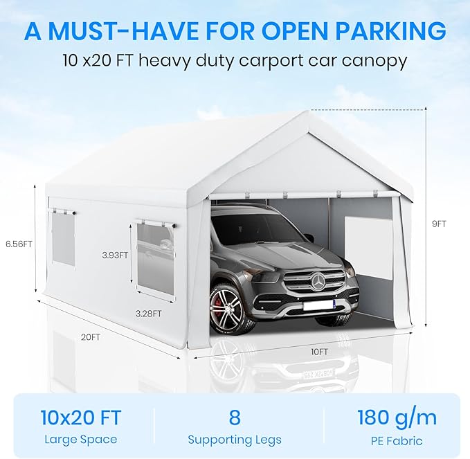 Carport 10x20 Heavy Duty Portable Garage,Carport Canopy with Roll-Up Windows & Doors,Portable Garage and Shelter with Removable Sidewalls,Car Tent Garage with All-Season Tarp for Truck Bike Lawnmower