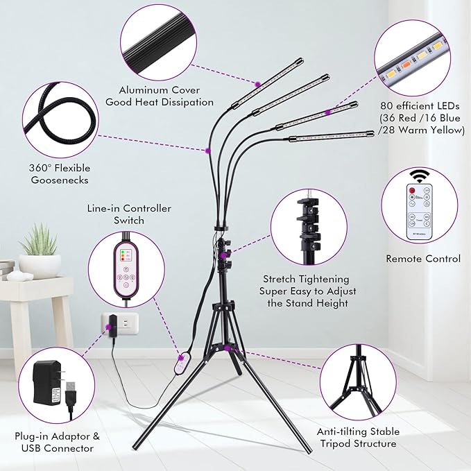 LED Plant Grow Lights for Indoor Plants Full Spectrum, Floor UV Plant Lights for Indoor Growing with Stand (14"-63"), Plant Grow Lamp with Timer, Auto On/Off for House Plants in Winter