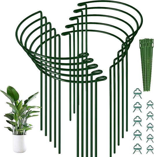 10 Pack Plant Support Stakes, 10" (W) x 16"(H) Half Round Heavy Duty Metal Garden Plant Cages for Outdoor Plants, Rust-Proof Durable Peony Cages and Supports with 10 Plant Clips and 20 Plant Ties