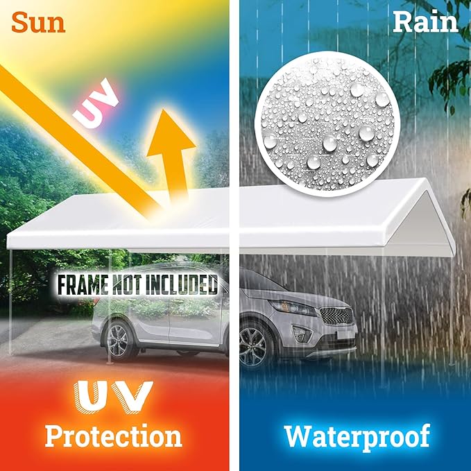 YardGrow 10x20 FT Carport Replacement Canopy Cover Garage Shelter Outdoor Carport Canopy Top Tent Shelter Tarp, Canopy ONLY (White)