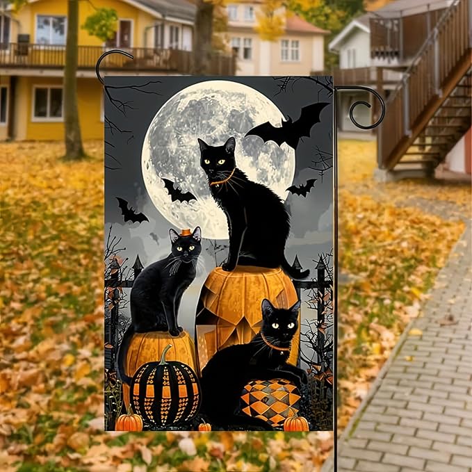 Scary Pumpkin Black Cat Spooky Welcome Halloween Cat 12 X 18 Inches Double-Sided House Flags