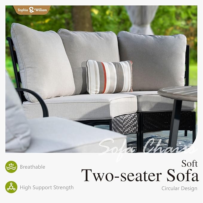 Sophia & William Half-Moon Patio Furniture Set, Curved Outdoor Sofa for 6 with Coffee Table, Rattan Sectional Sofa Outdoor Conversation Sets,Beige