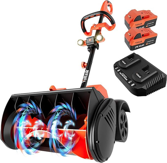 VOLTASK 48V Cordless Snow Shovel with Wheels, 15.7-Inch Brushless Cordless Snow Blower, 4-Ah Battery Snow Blower with Directional Plate & LED Lights (2 * 24V Battery & Dual Quick Charger Included)