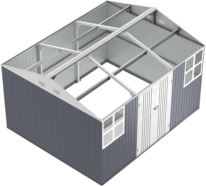 12x10 FT Metal Shed Heavy-Duty, Outdoor Storage Garden Sheds with Reinforced Steel Frame & Customizable Skylight, Weatherproof Galvanized Tool Tiny House for Backyard, Patio, and Lawn