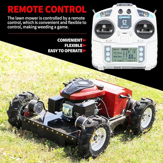 Remote Mower, Remote Control Lawn, Small Crawler Oil-Electric Hybrid Four-Wheel Drive Lawn Mowing and Weed Whacker, All Terrain Grass Cutter Yard Mower, 30° Climbing