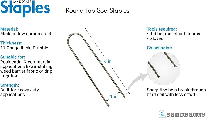 Sandbaggy Round Top 6-Inch Landscape Staples ~ SOD Garden Stakes Square Pin for Ground Cover Fabric & Drip Irrigation Tubing (10,000 Staples)