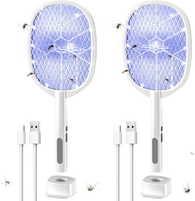 2PACK Electric Fly Swatter,4000V Bug Zapper Racket,2 in 1 Mosquito Zapper Racket with 1200ml Battery Rechargeable Purple Mosquito Killer Lamp with 3 Layers Safety Net Suitable for Indoor and Outdoor