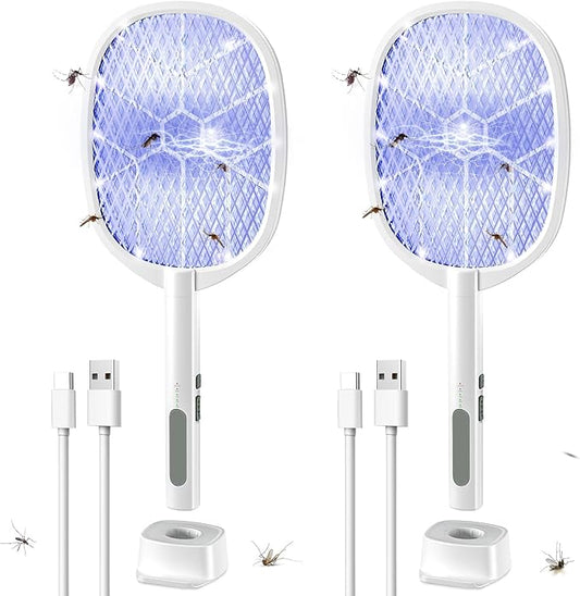 2PACK Electric Fly Swatter,4000V Bug Zapper Racket,2 in 1 Mosquito Zapper Racket with 1200ml Battery Rechargeable Purple Mosquito Killer Lamp with 3 Layers Safety Net Suitable for Indoor and Outdoor
