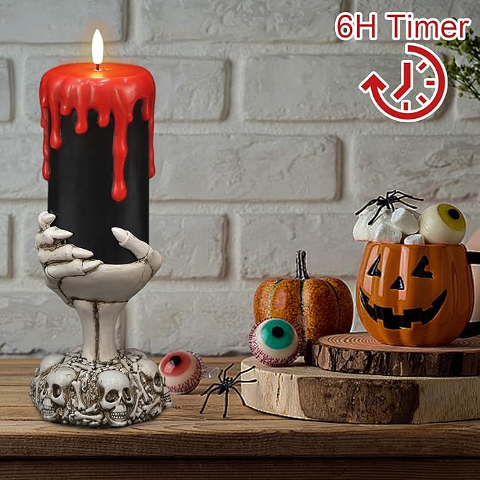 Eldnacele Halloween Flickering Flameless Candles Ghost Hand Candlesticks with Timer,Battery Operated with Red Blood Dripping 3D Wick Black Wax LED Pillar Candles Table Centerpiece Decor(4×11 Inches)