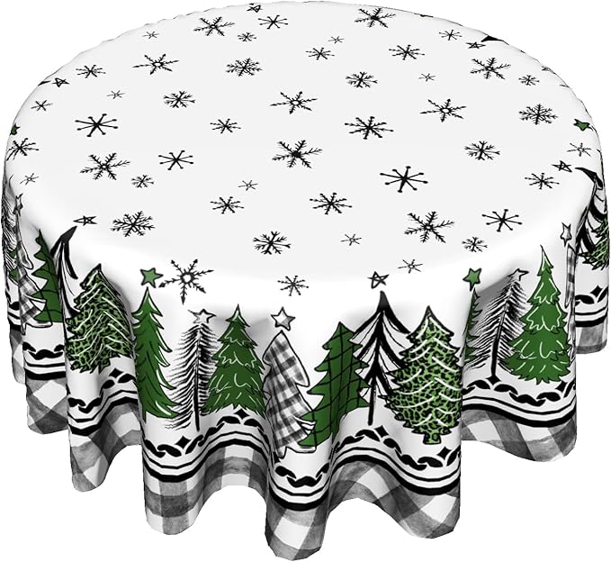 Giwawa Christmas Round Tablecloth 60 Inch,Green and Black Buffalo Plaid Xmas Trees Snowflakes Theme Country Reusable Wrinkle Resistant Table Cover for Holiday Party Dinner Table Decor