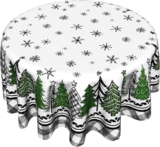 Giwawa Christmas Round Tablecloth 60 Inch,Green and Black Buffalo Plaid Xmas Trees Snowflakes Theme Country Reusable Wrinkle Resistant Table Cover for Holiday Party Dinner Table Decor