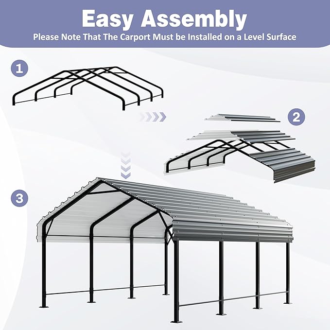 JY QAQA 12 x 15 FT Metal Carport Kits with Galvanized Steel Roof, Heavy Duty Metal Carport Canopy, Outdoor Car Tent Garage Shelter for Car, SUV, Truck and Boats